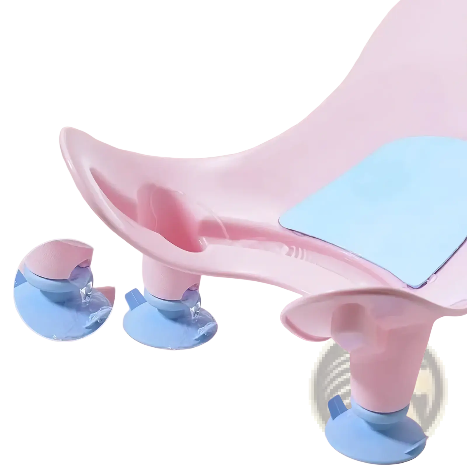 Pink and light blue plastic baby butt washing basin with suction cup feet for infant bath support