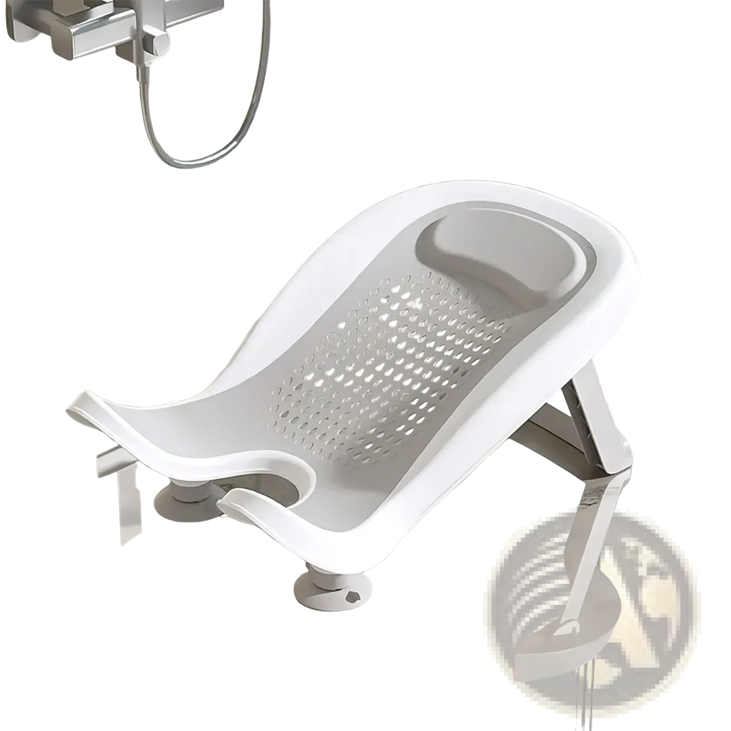 Inmo gray baby bath seat with perforated design and rear foot support frame for infant bath support