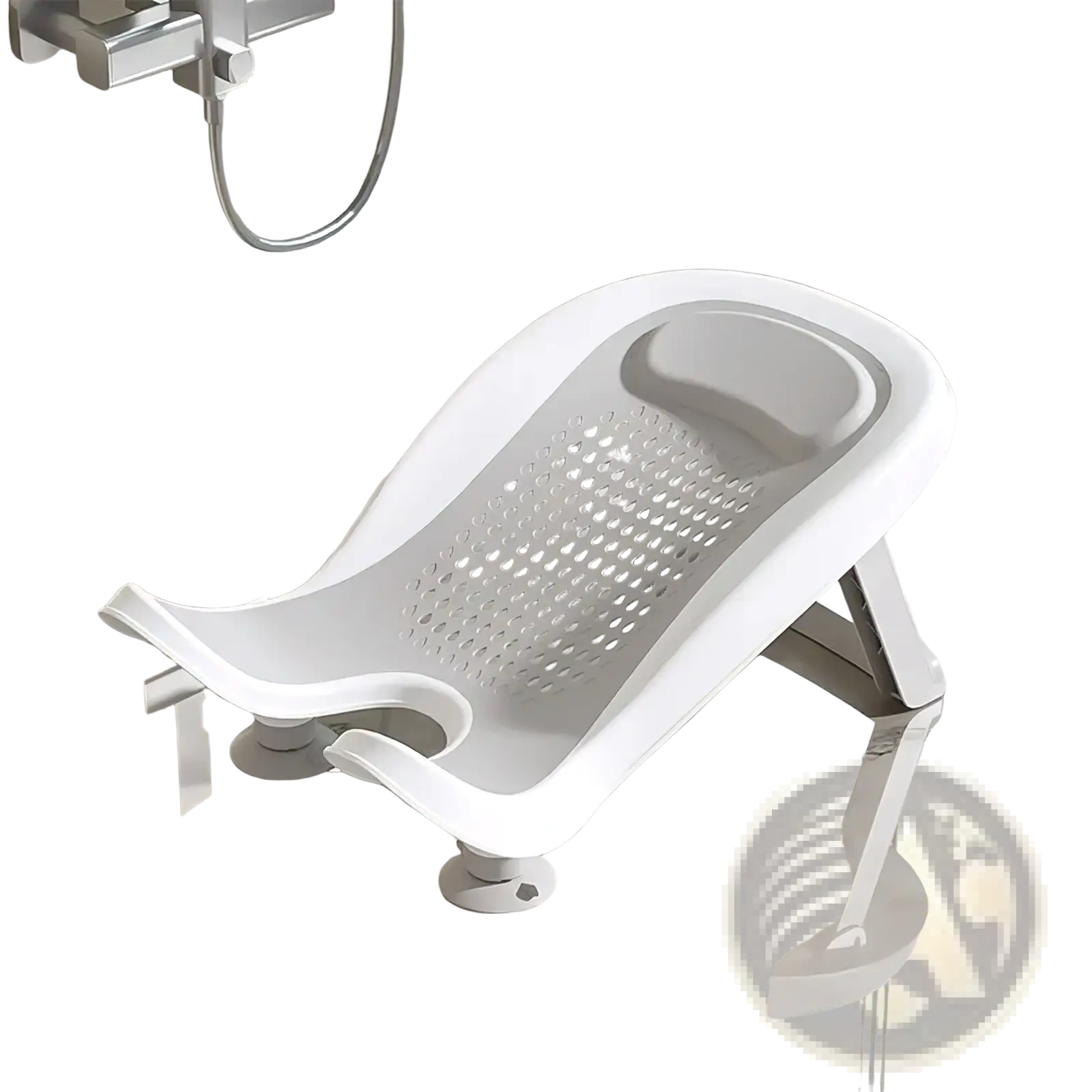 Inmo gray baby bath seat with perforated design and rear foot support frame for infant bath support
