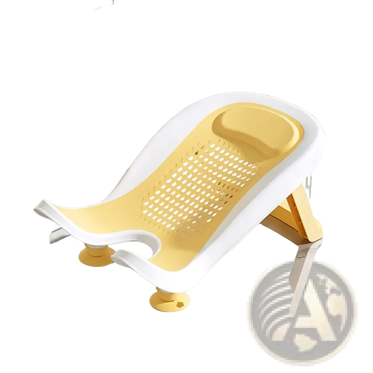 Yellow and white plastic baby butt washing basin and infant bath support with perforated seat and suction cup feet