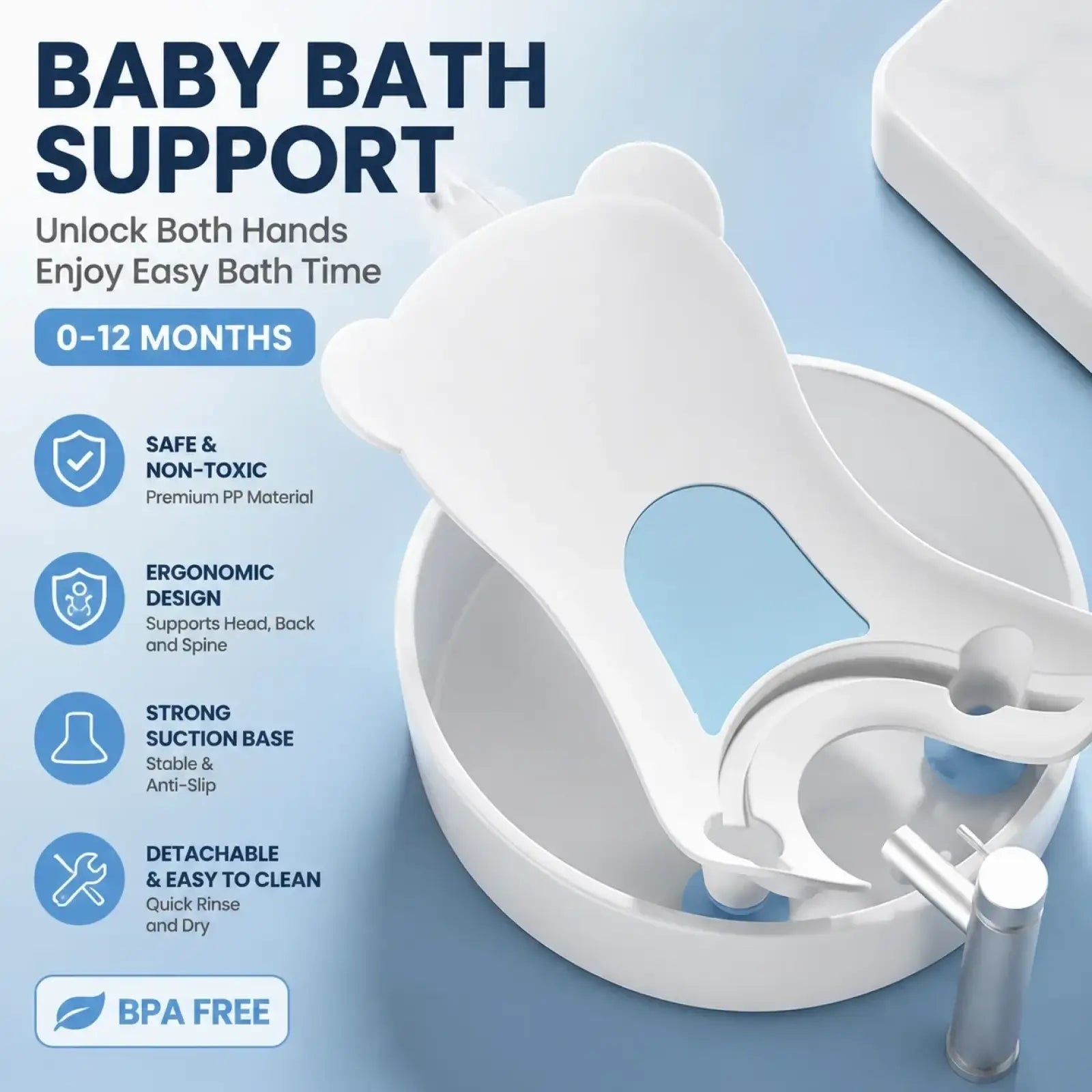 White plastic baby bath support with bear-shaped head and suction base for infants 0-12 months in baby butt washing basin
