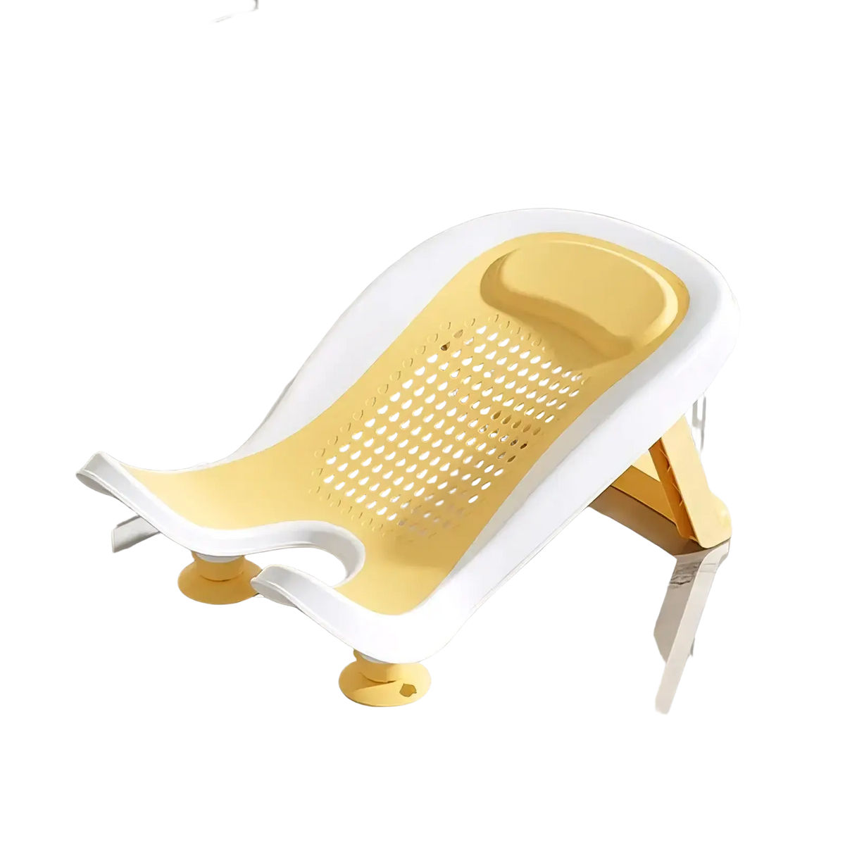 Yellow and white plastic baby butt washing basin and infant bath support with perforated seat and suction cup feet