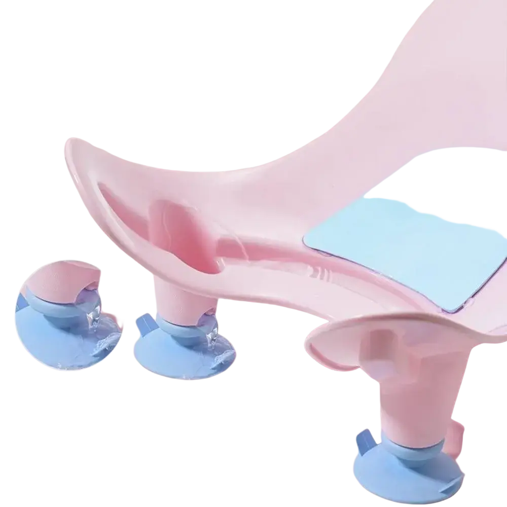 Baby buttocks washing tub made of pink and light blue plastic with suction cup feet for secure bathing use