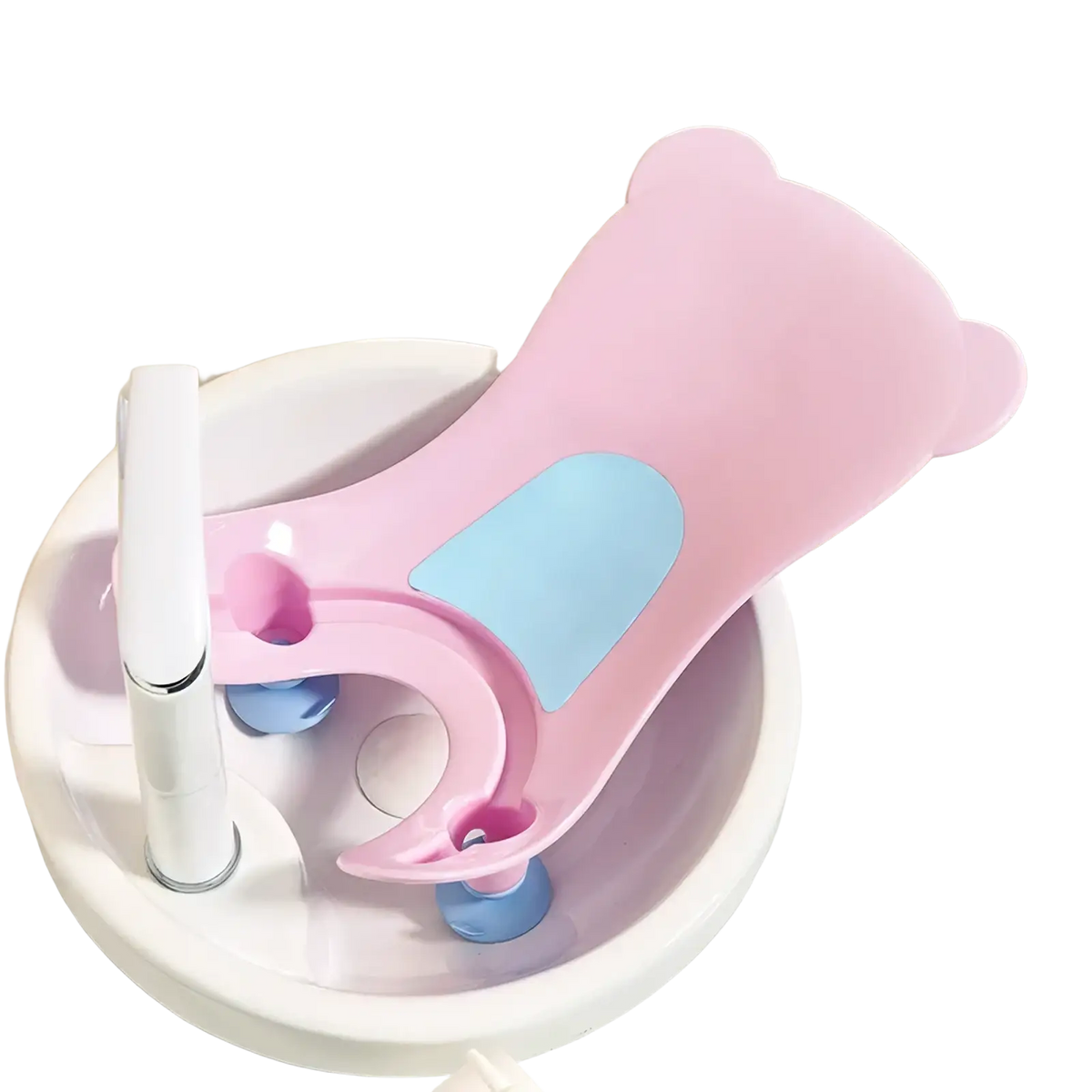 Pink and light blue plastic baby buttocks washing tub shaped like a bear for safe infant bathing