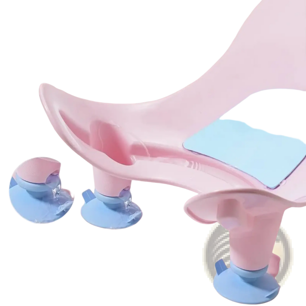 Baby buttocks washing tub made of pink and light blue plastic with suction cup feet for secure bathing use