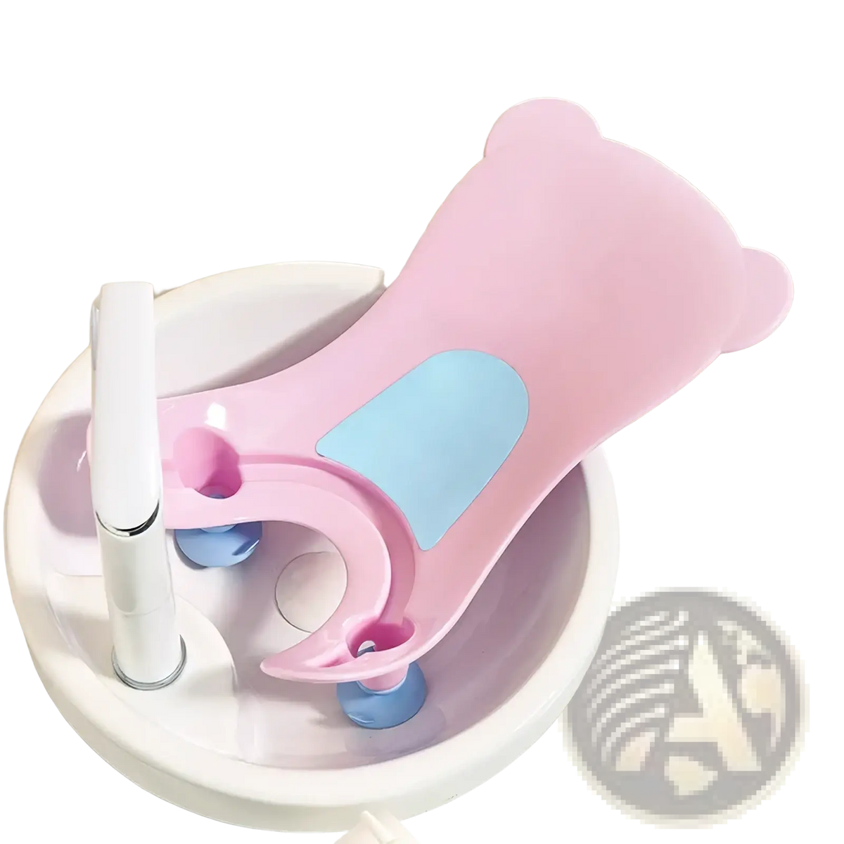 Pink and light blue plastic baby buttocks washing tub shaped like a bear for safe infant bathing