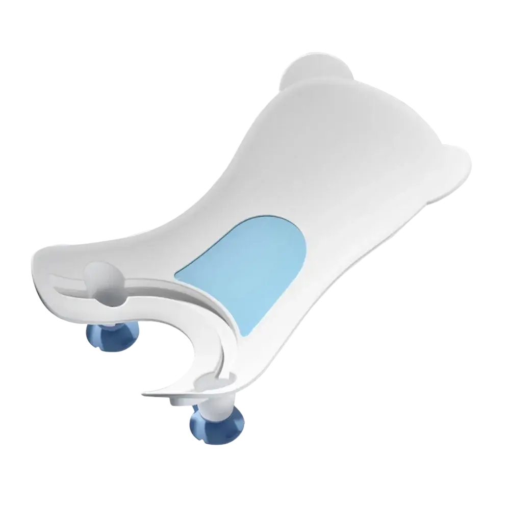 White plastic baby buttocks washing tub with blue suction cups and light blue translucent support panel