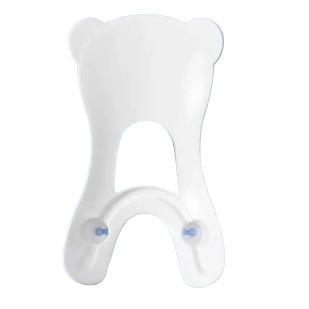 White plastic baby buttocks washing tub with light blue bear-shaped bath support for infant comfort and safety