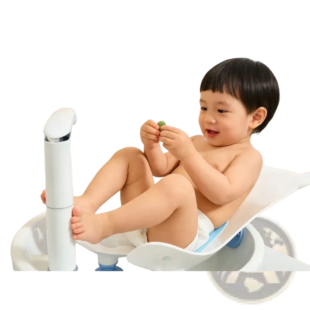 White plastic baby buttocks washing tub with blue accents and built-in faucet for infant bath support