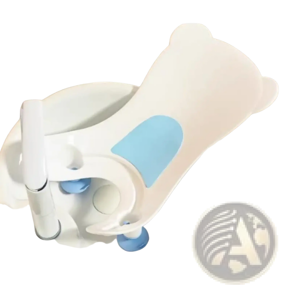 White plastic baby buttocks washing tub with light blue padded accent and suction cups for stability and safety