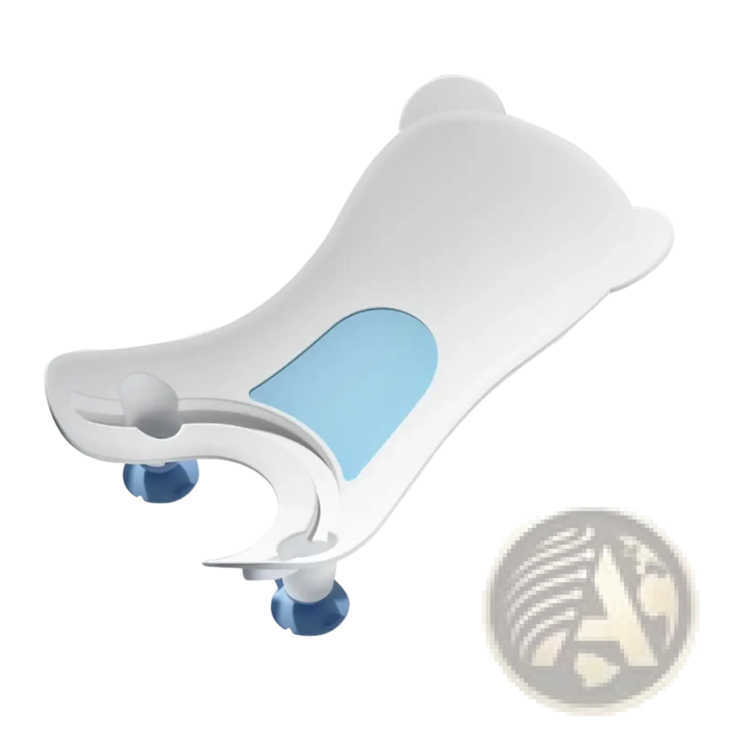 White plastic baby buttocks washing tub with blue suction cups and light blue translucent support panel