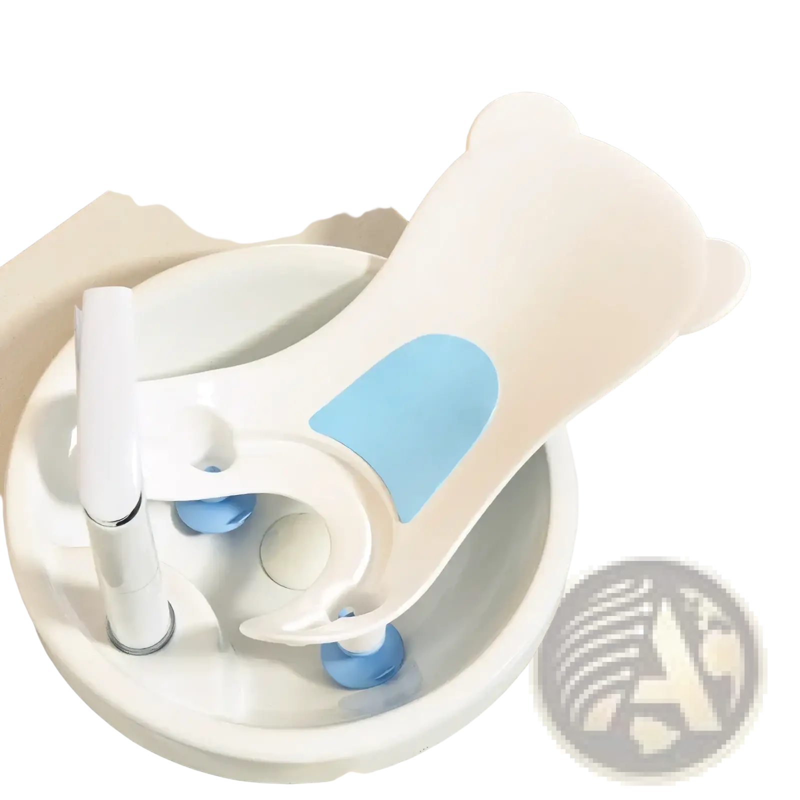 White bear-shaped baby buttocks washing tub with light blue accents and suction cup attachments for bath safety