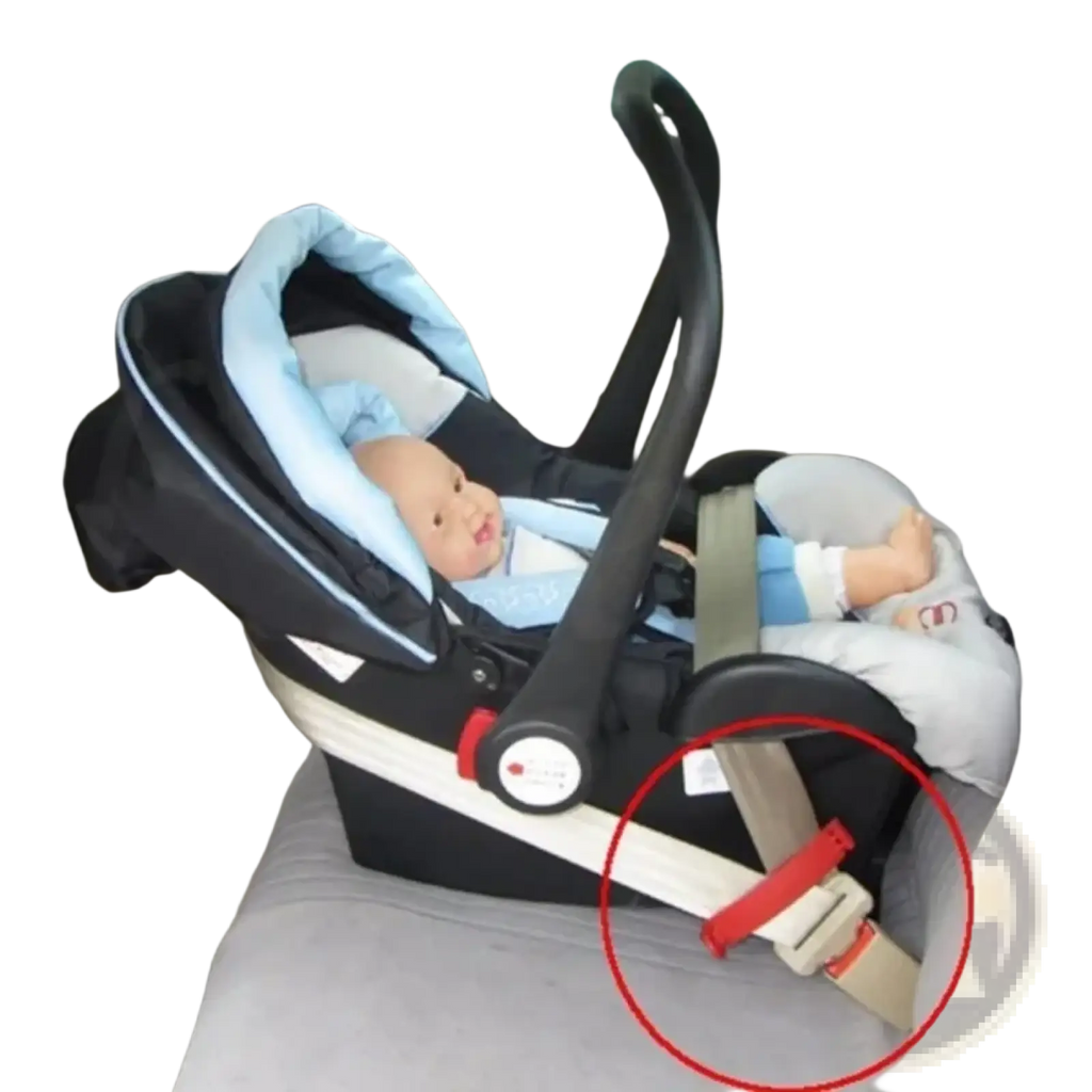 Black and light blue infant car seat with red buckle featuring baby car seat belt clip anti skid lock for safety