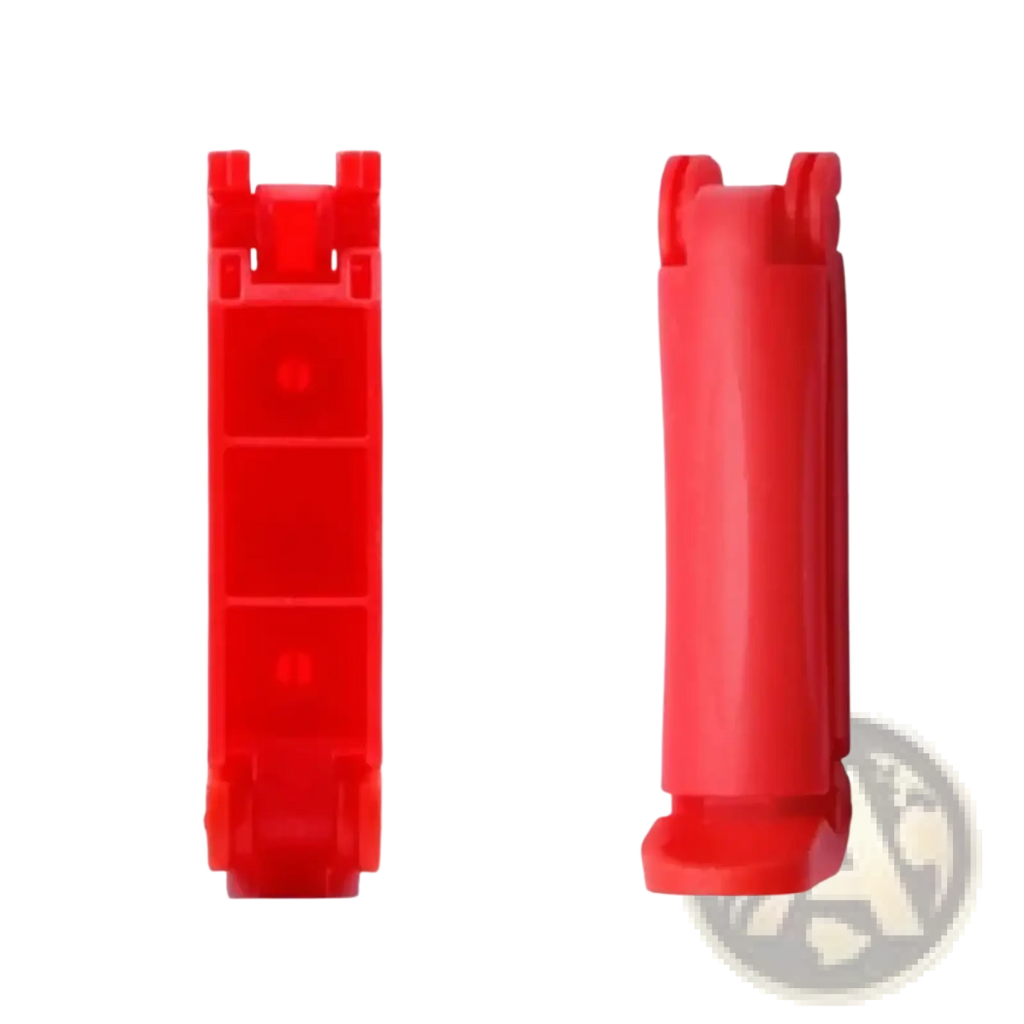 Red plastic clip-on baby car seat belt clip anti-skid lock showing rectangular and cylindrical profiles