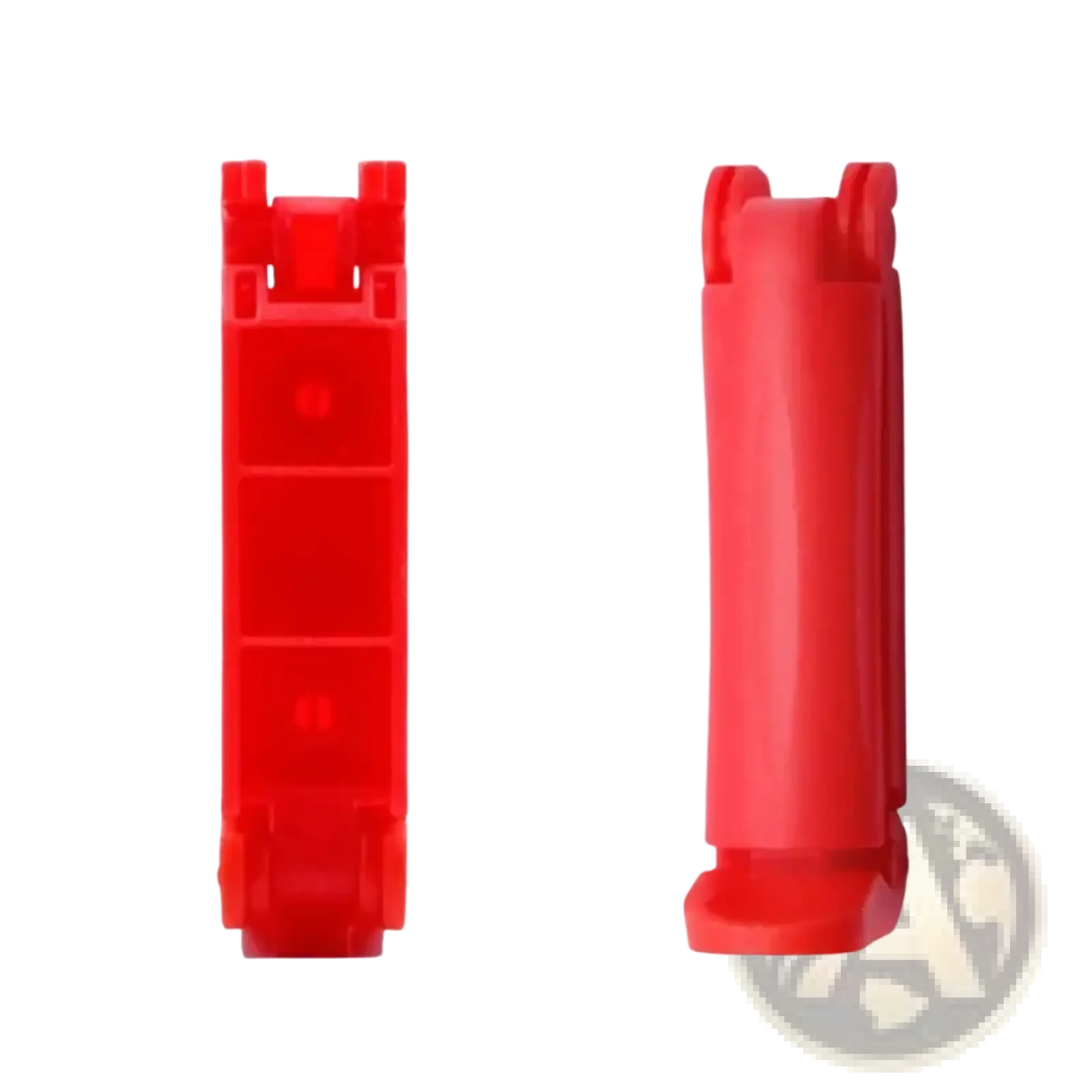 Red plastic clip-on baby car seat belt clip anti-skid lock showing rectangular and cylindrical profiles