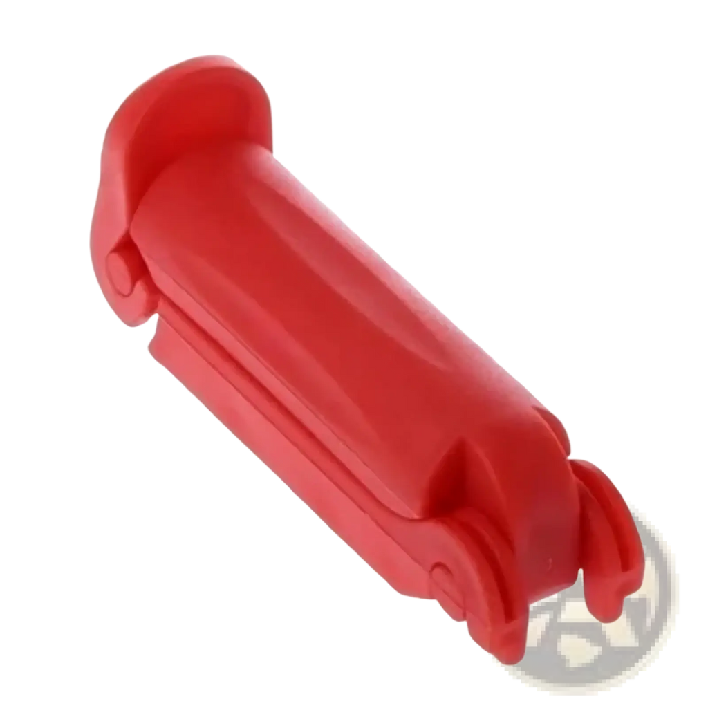 Red plastic car-shaped clip for baby car seat belt anti-skid lock ensuring secure buckle hold