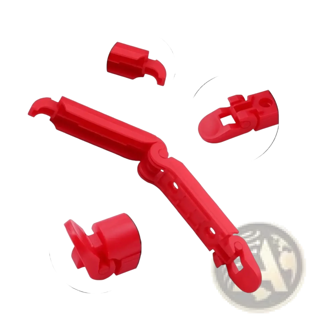 Red plastic baby car seat belt clip anti-skid lock with foldable tire inflator design and integrated valve stem cap