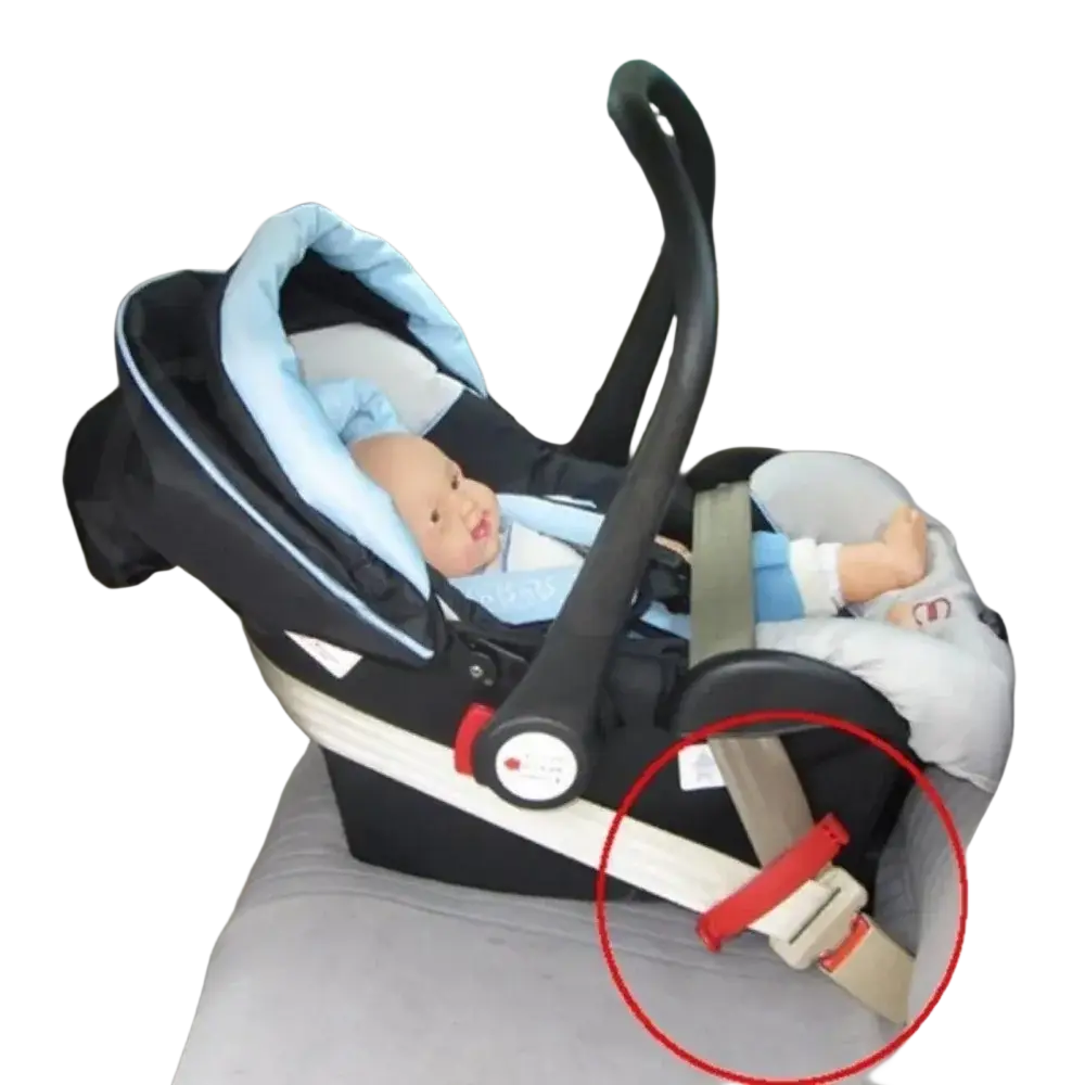 Black and light blue infant car seat with red buckle featuring baby car seat belt clip anti skid lock for safety