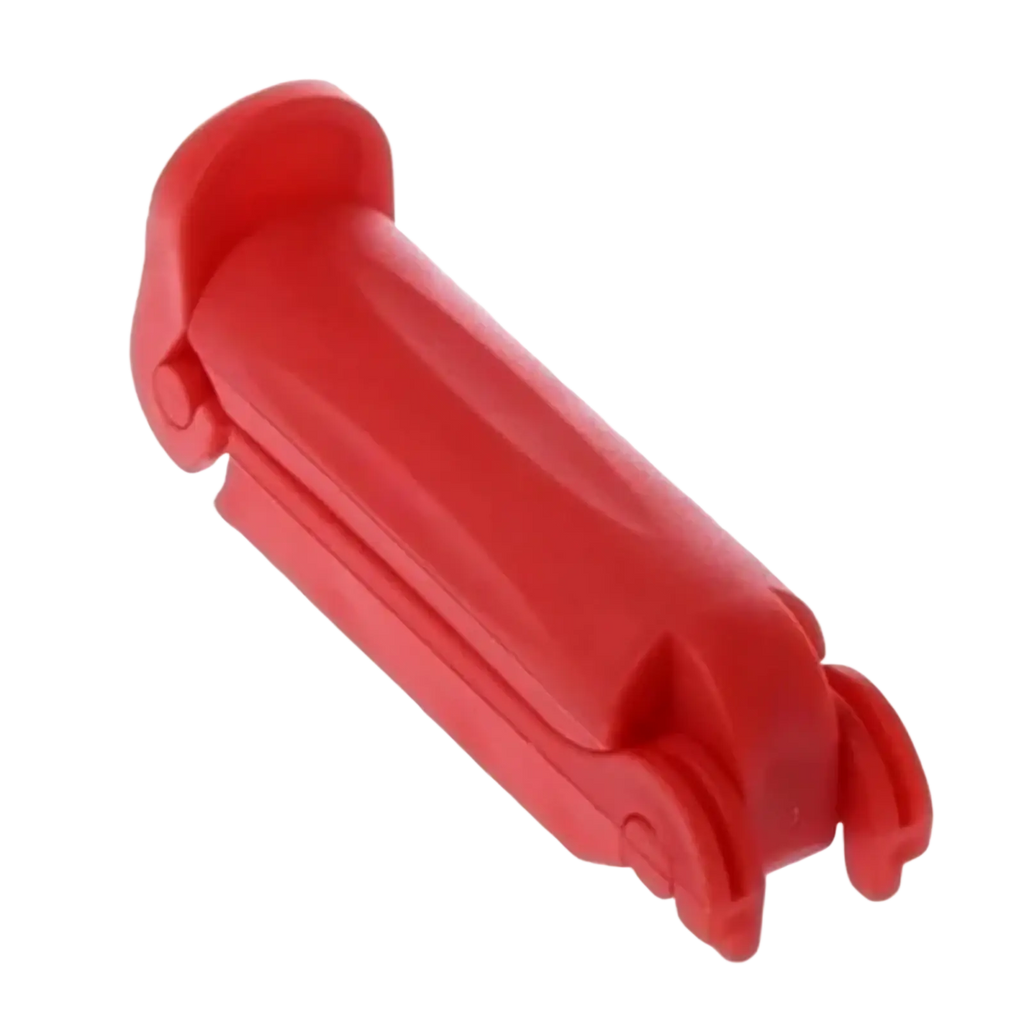 Red plastic car-shaped clip for baby car seat belt anti-skid lock ensuring secure buckle hold