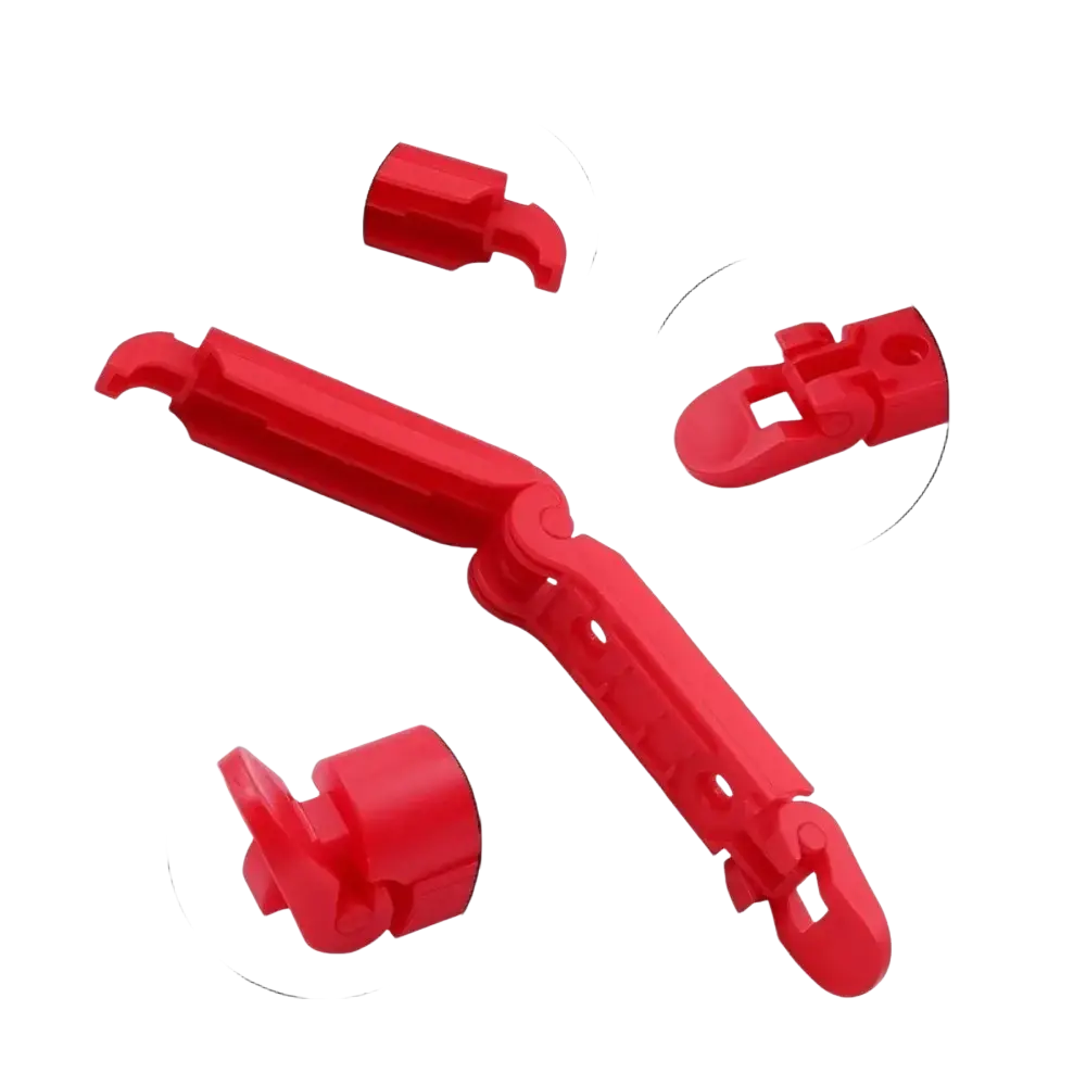 Red plastic baby car seat belt clip anti-skid lock with foldable tire inflator design and integrated valve stem cap