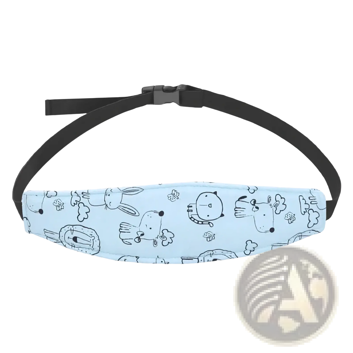 Light blue padded baby car seat head support strap with black cartoon animal print and adjustable sleep positioner