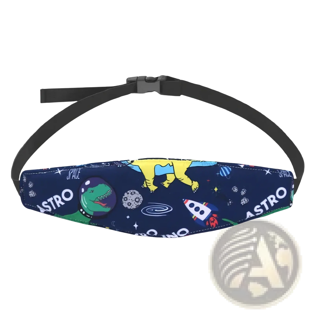 Navy blue fabric baby car seat head support strap with adjustable sleep positioner and space-themed print fanny pack design