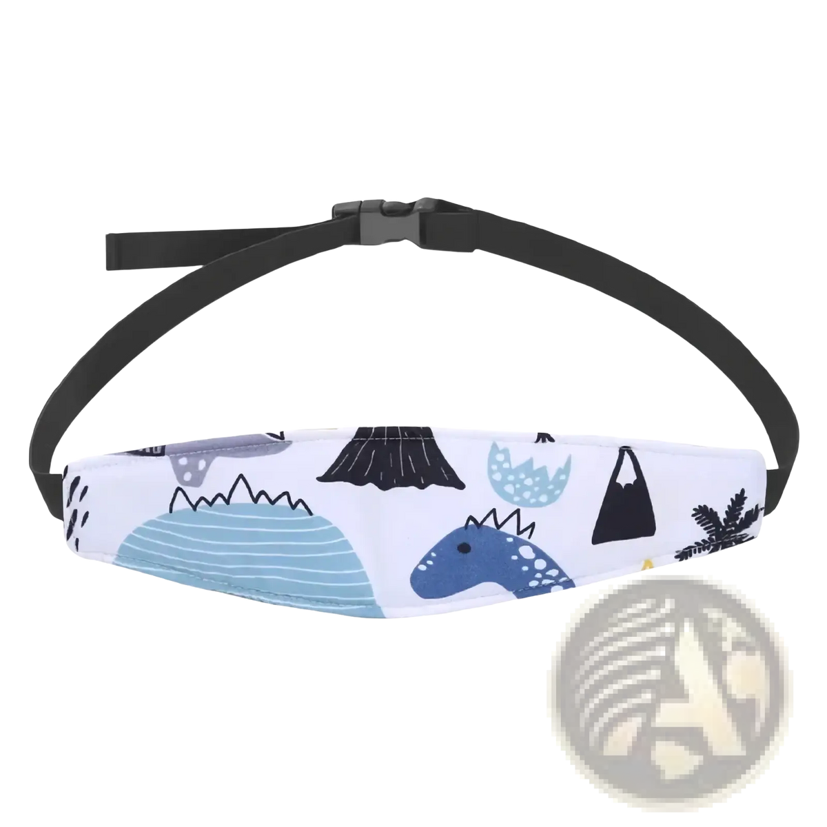 White fabric baby car seat head support strap with blue and black dinosaur illustrations and black adjustable strap