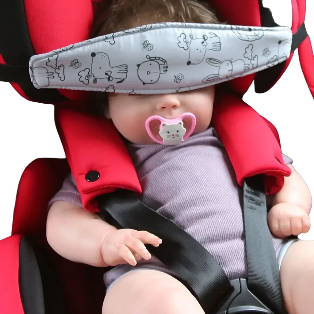 Gray fabric baby car seat head support strap with black cartoon animal print eye mask for adjustable sleep position