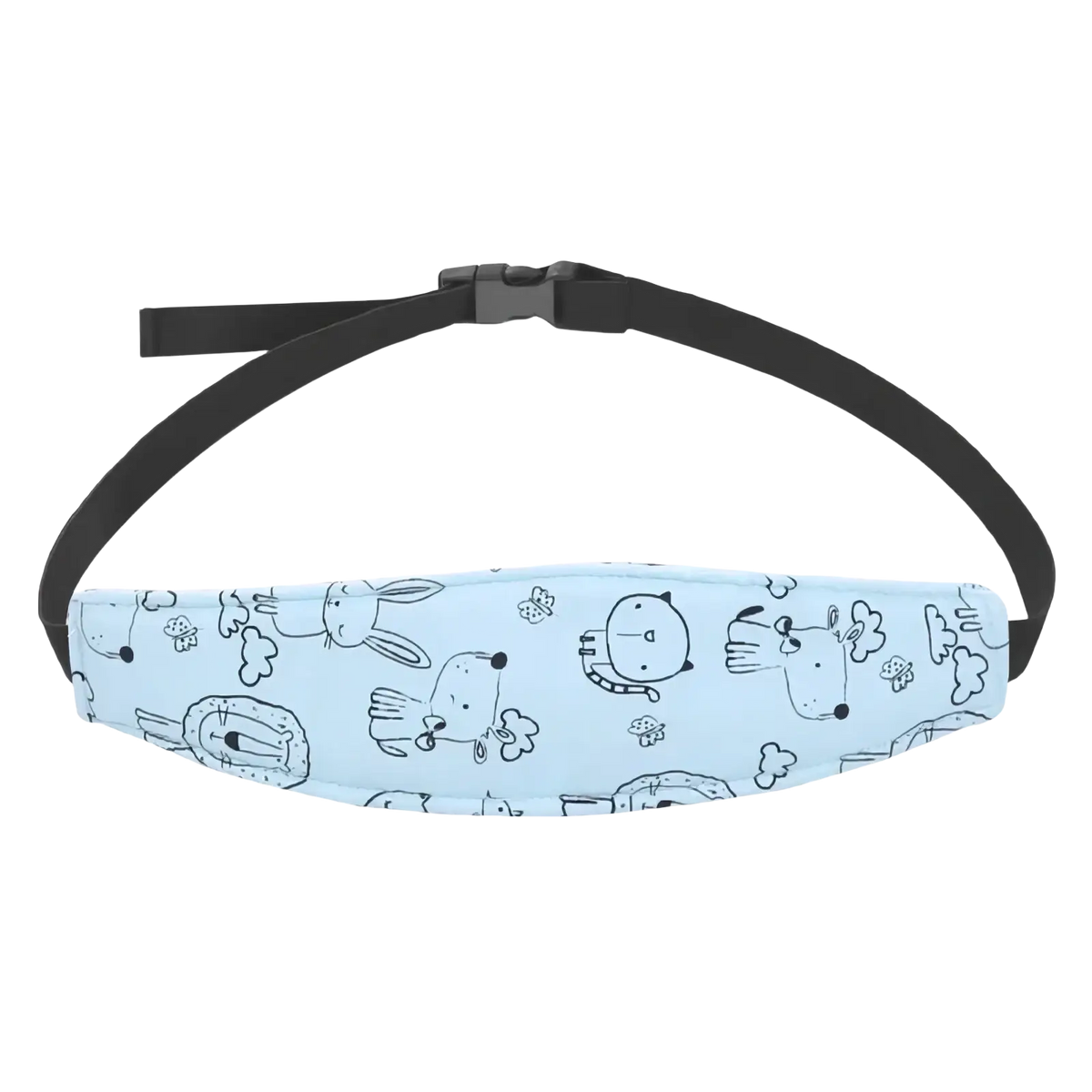 Light blue padded baby car seat head support strap with black cartoon animal print and adjustable black buckle