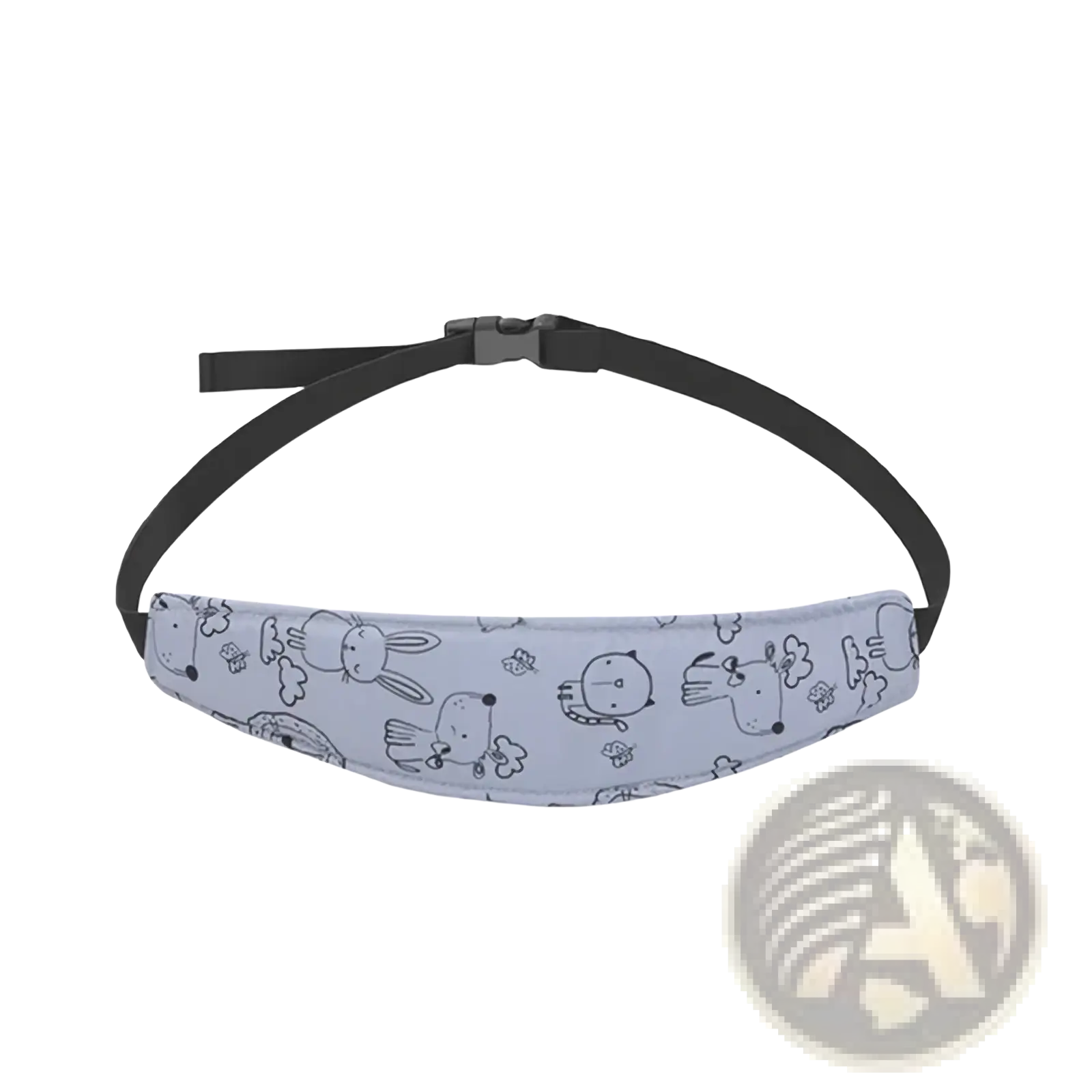 Light blue padded baby car seat head support strap with black cartoon animal print and adjustable black buckle