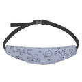 Light blue fabric baby car seat head support strap with black cartoon animal print and adjustable black plastic buckle