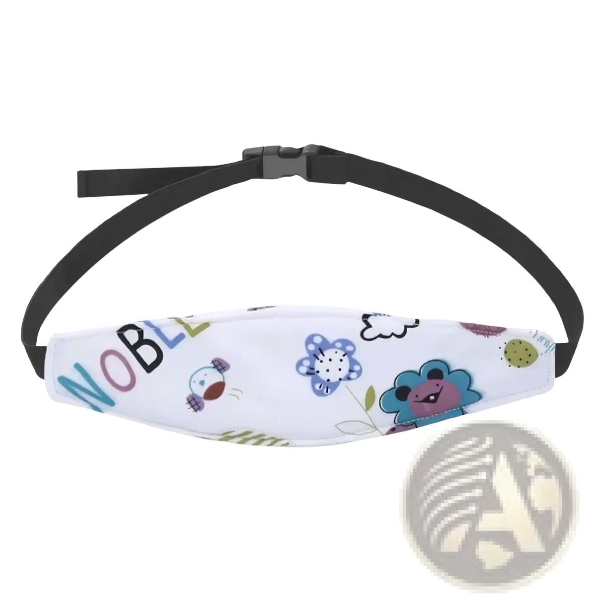 White fabric baby car seat head support strap with colorful cartoon prints and black adjustable sleep positioner strap