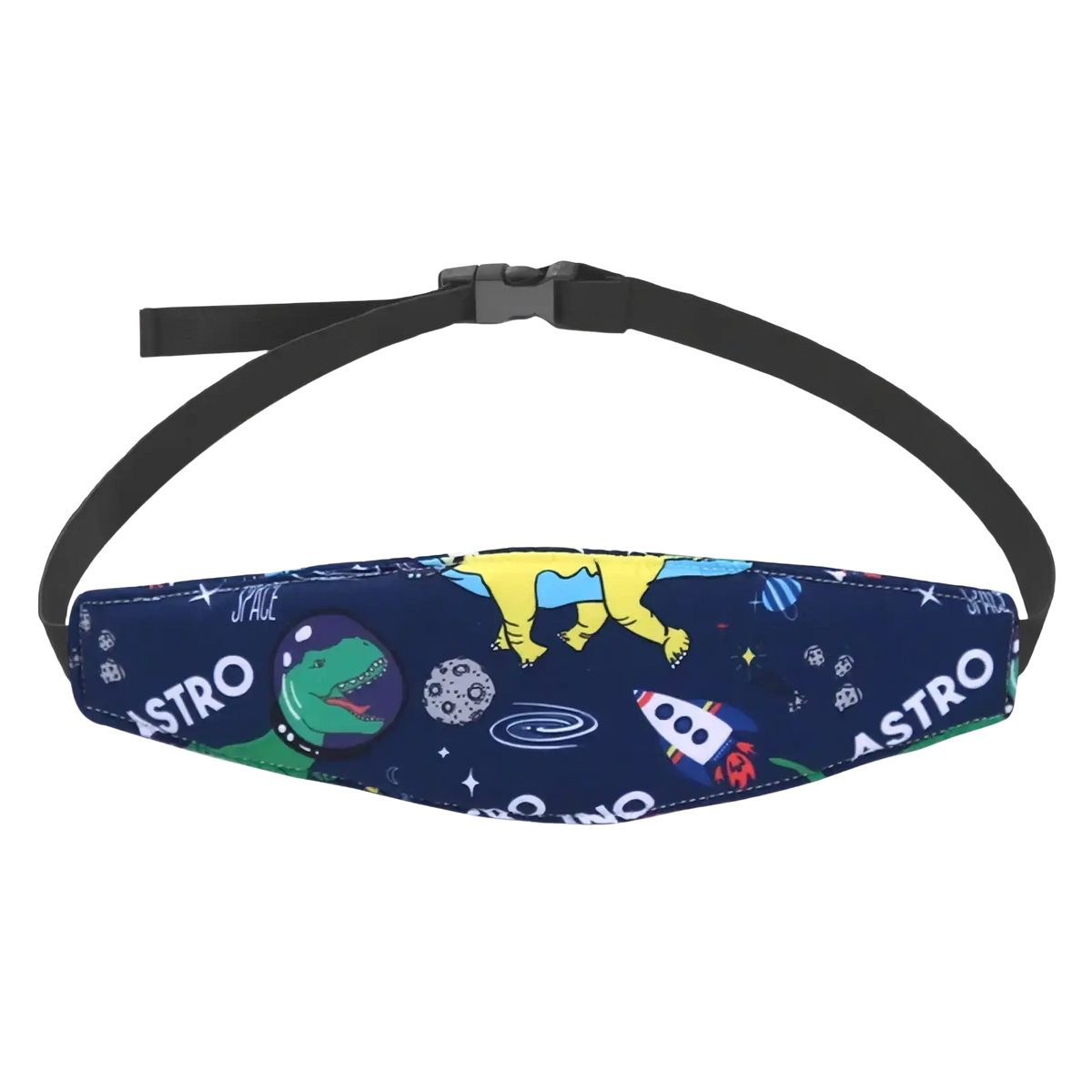Navy blue fabric baby car seat head support strap with adjustable sleep positioner and space-themed print fanny pack design