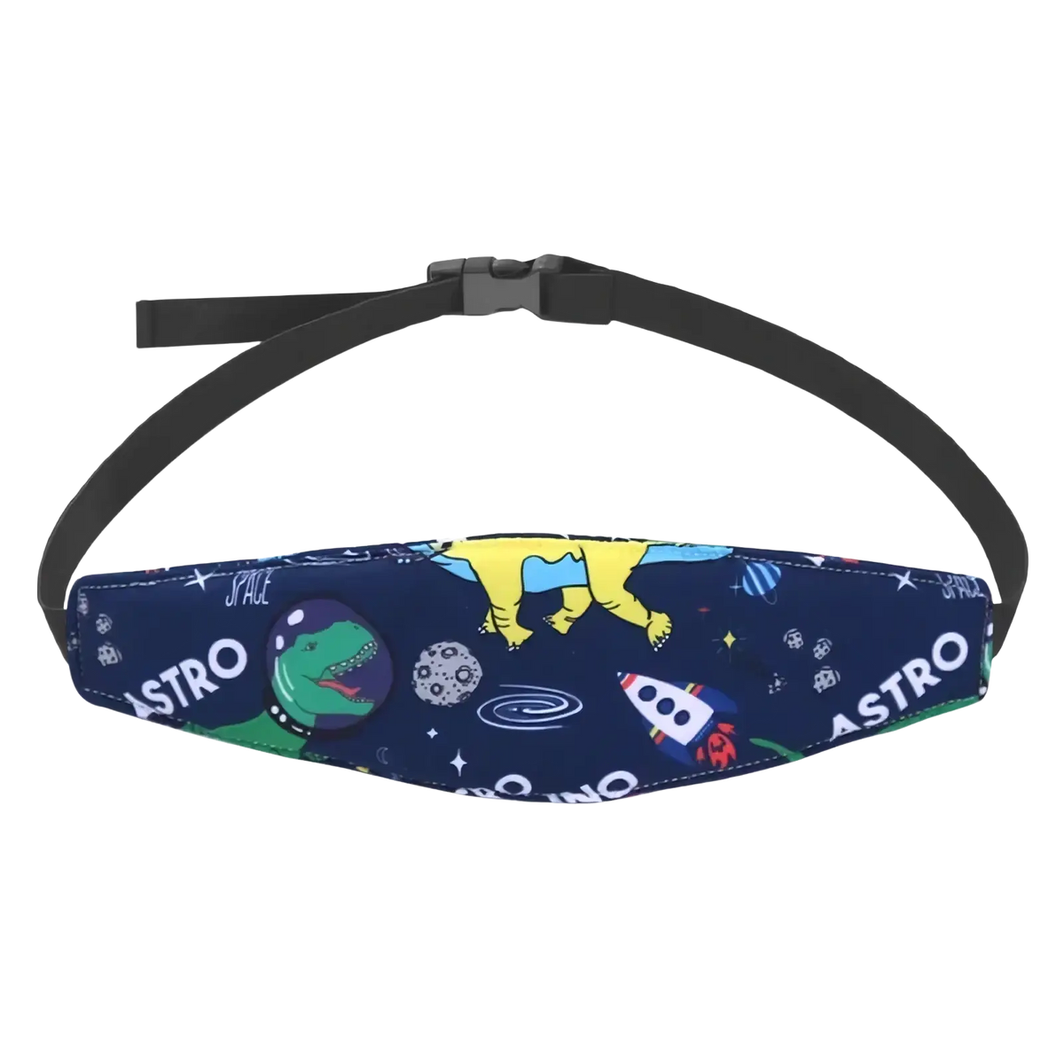 Navy blue fabric baby car seat head support strap adjustable sleep positioner with space-themed dinosaur and rocket design