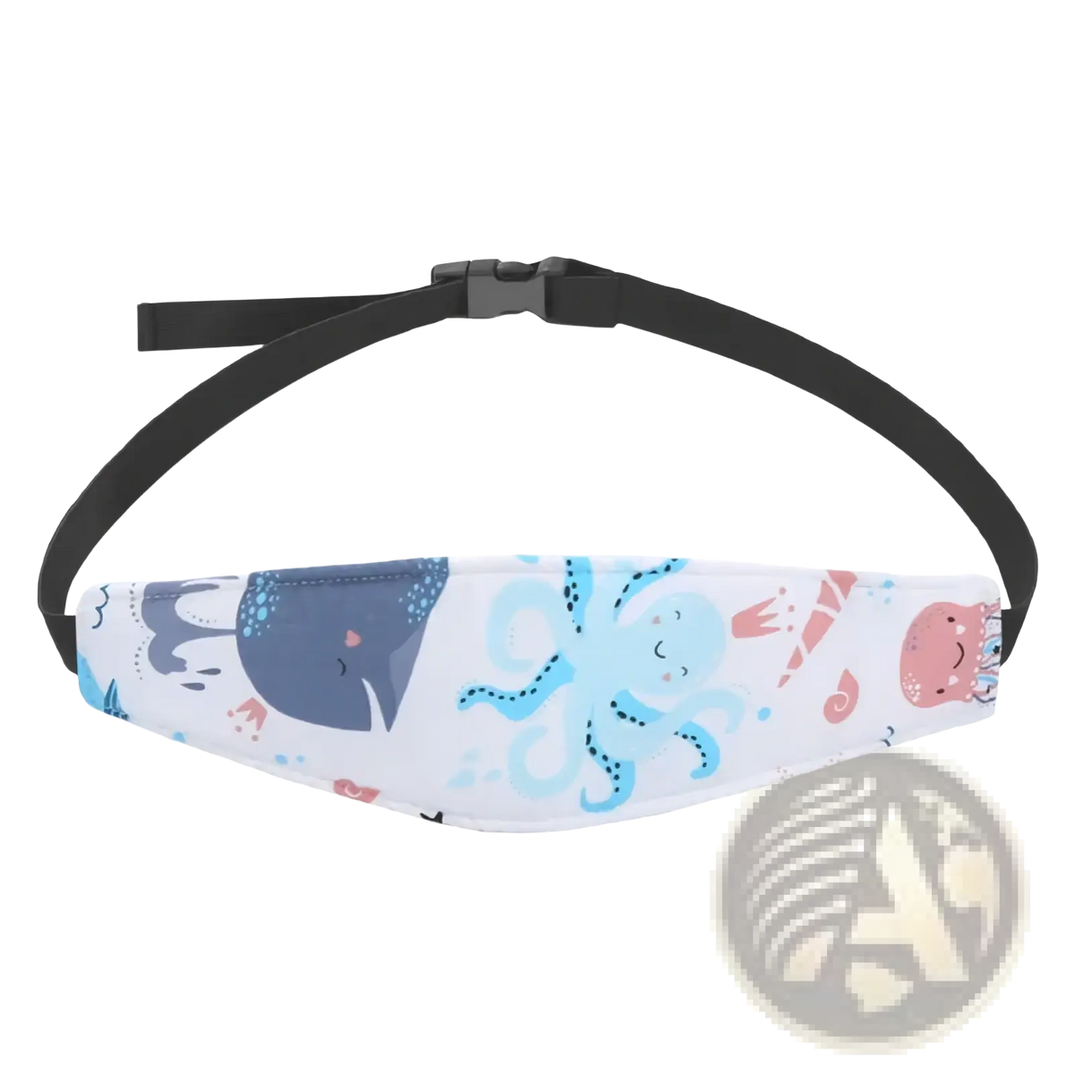 White fabric baby car seat head support strap with adjustable sleep positioner featuring playful ocean print