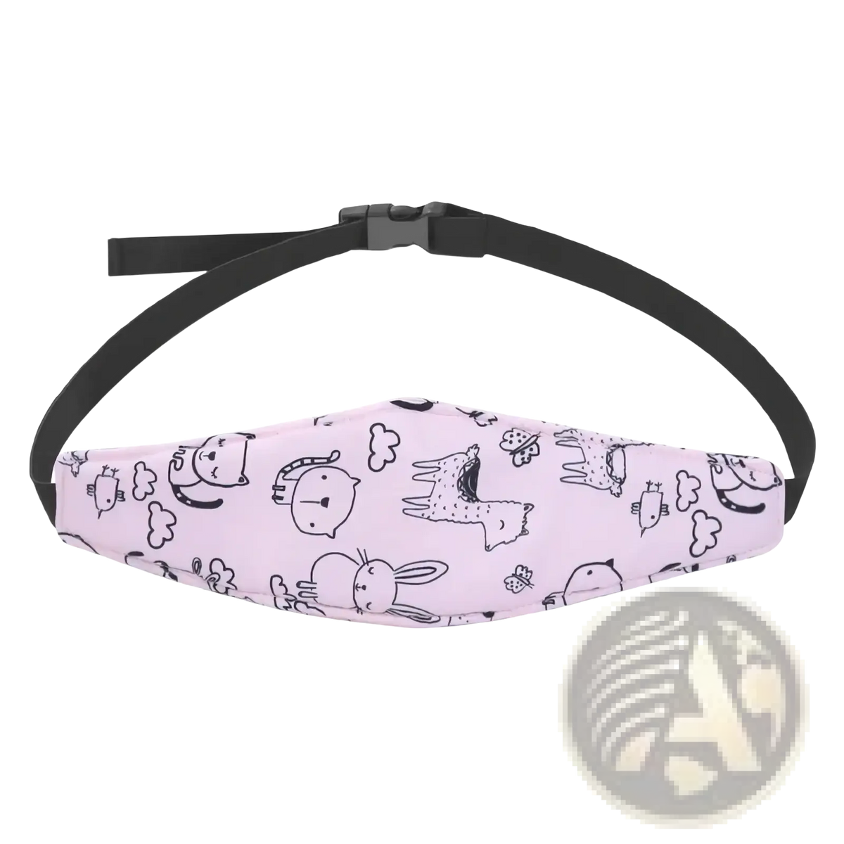 Pink fabric baby car seat head support strap adjustable sleep positioner with black cartoon animal print and black strap