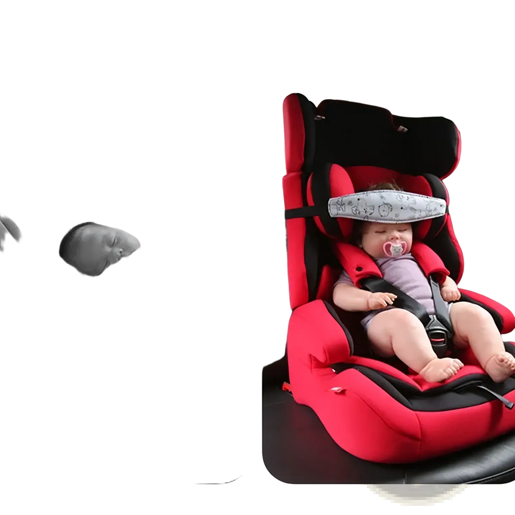 Red and black baby car seat head support with padded headrest and adjustable harness straps for sleep positioning