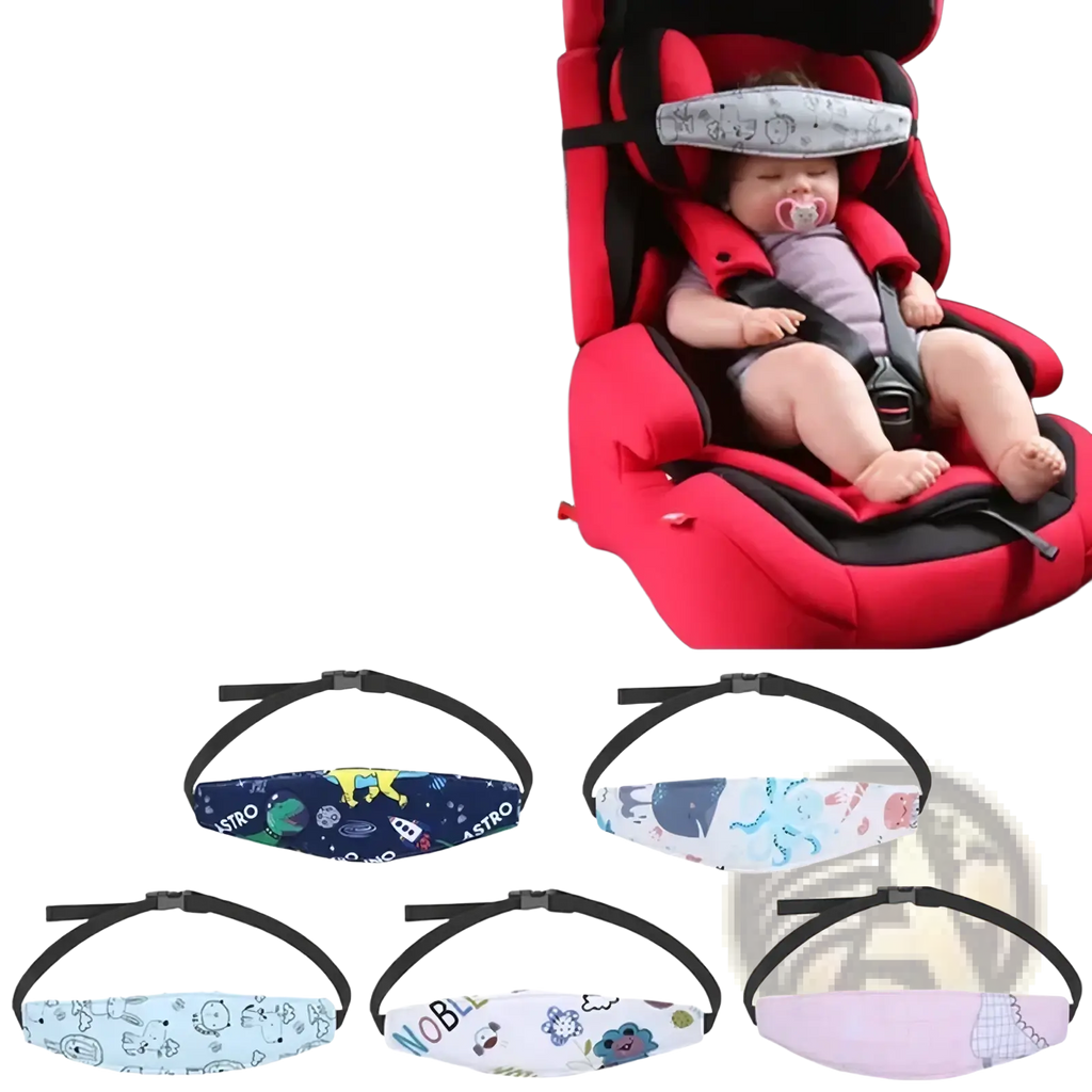 Red and black baby car seat with adjustable head support strap and patterned cushion for sleep positioning