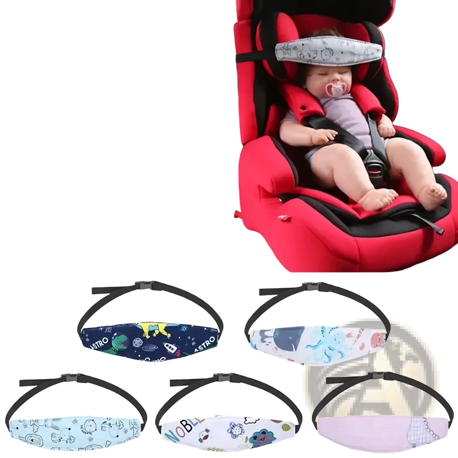 Red and black baby car seat with adjustable head support strap and patterned cushion for sleep positioning
