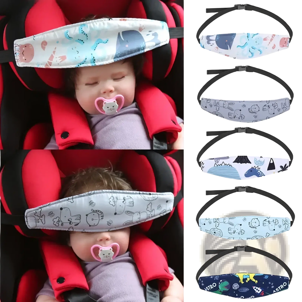 Baby car seat head support strap with soft padding and adjustable sleep positioner in pastel animal and space pattern