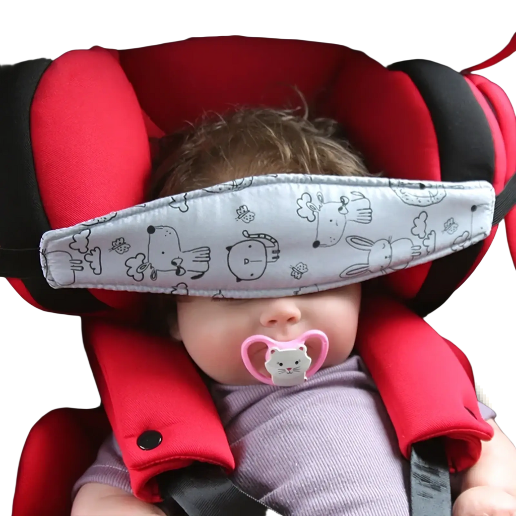 Baby car seat head support strap adjustable sleep positioner with soft gray fabric eye mask and black cartoon animal prints