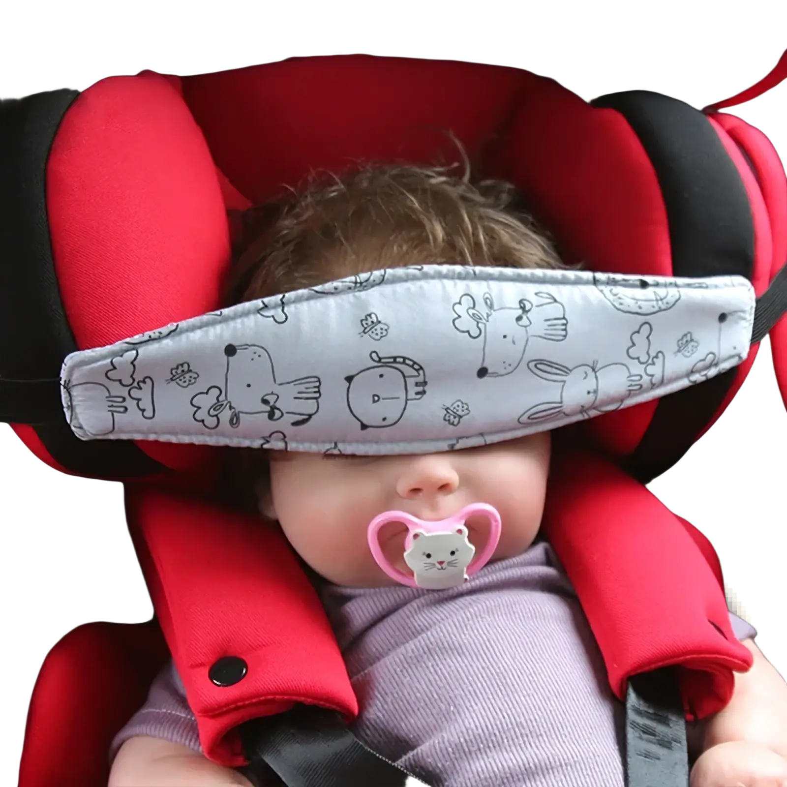 Baby car seat head support strap adjustable sleep positioner with soft gray fabric eye mask and black cartoon animal prints