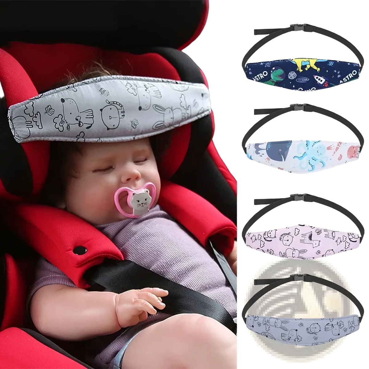 Baby car seat head support adjustable sleep positioner in soft gray fabric with cartoon animal prints and black straps