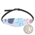 White fabric baby car seat head support strap adjustable sleep positioner with blue and pink ocean-themed print