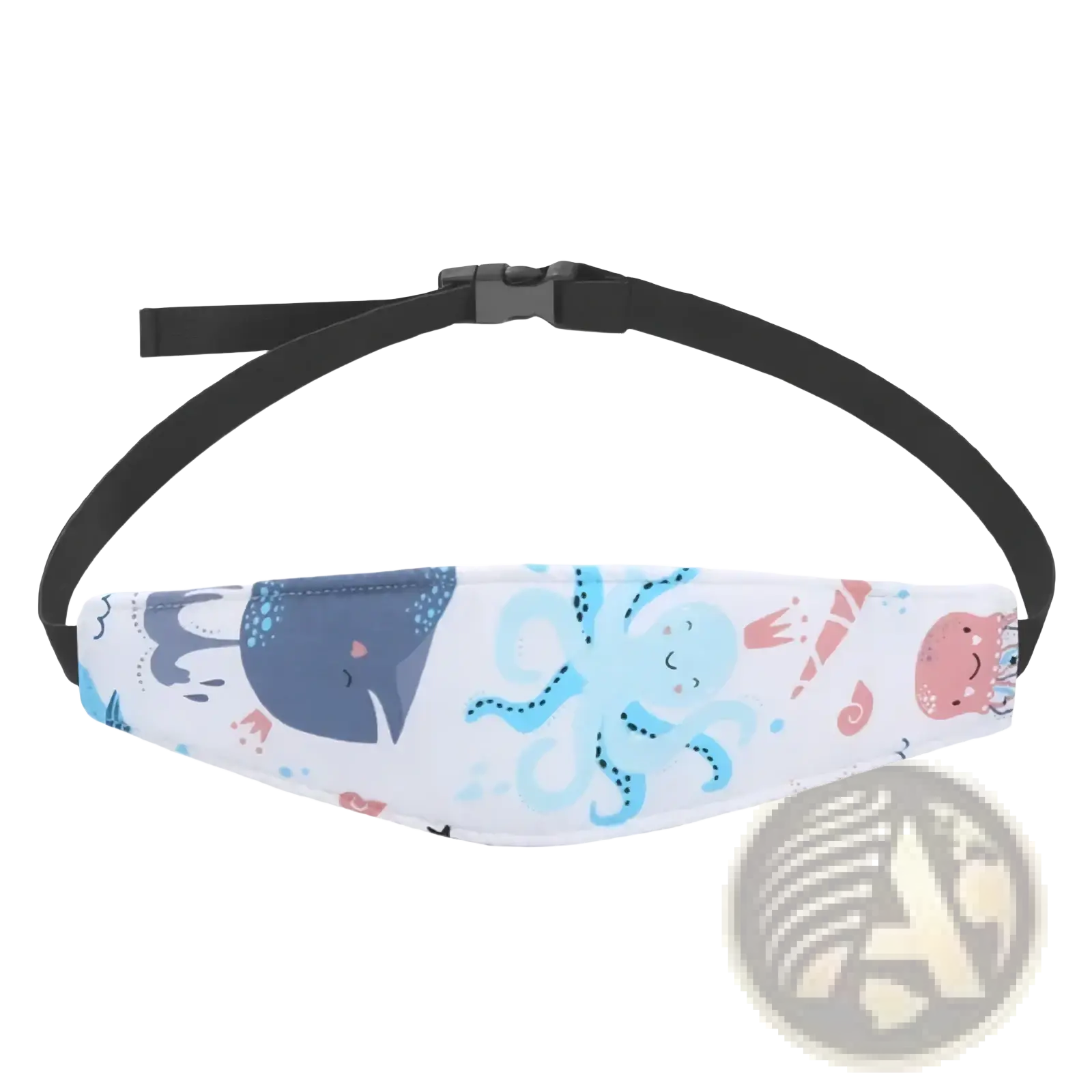 White fabric baby car seat head support strap adjustable sleep positioner with blue and pink ocean-themed print