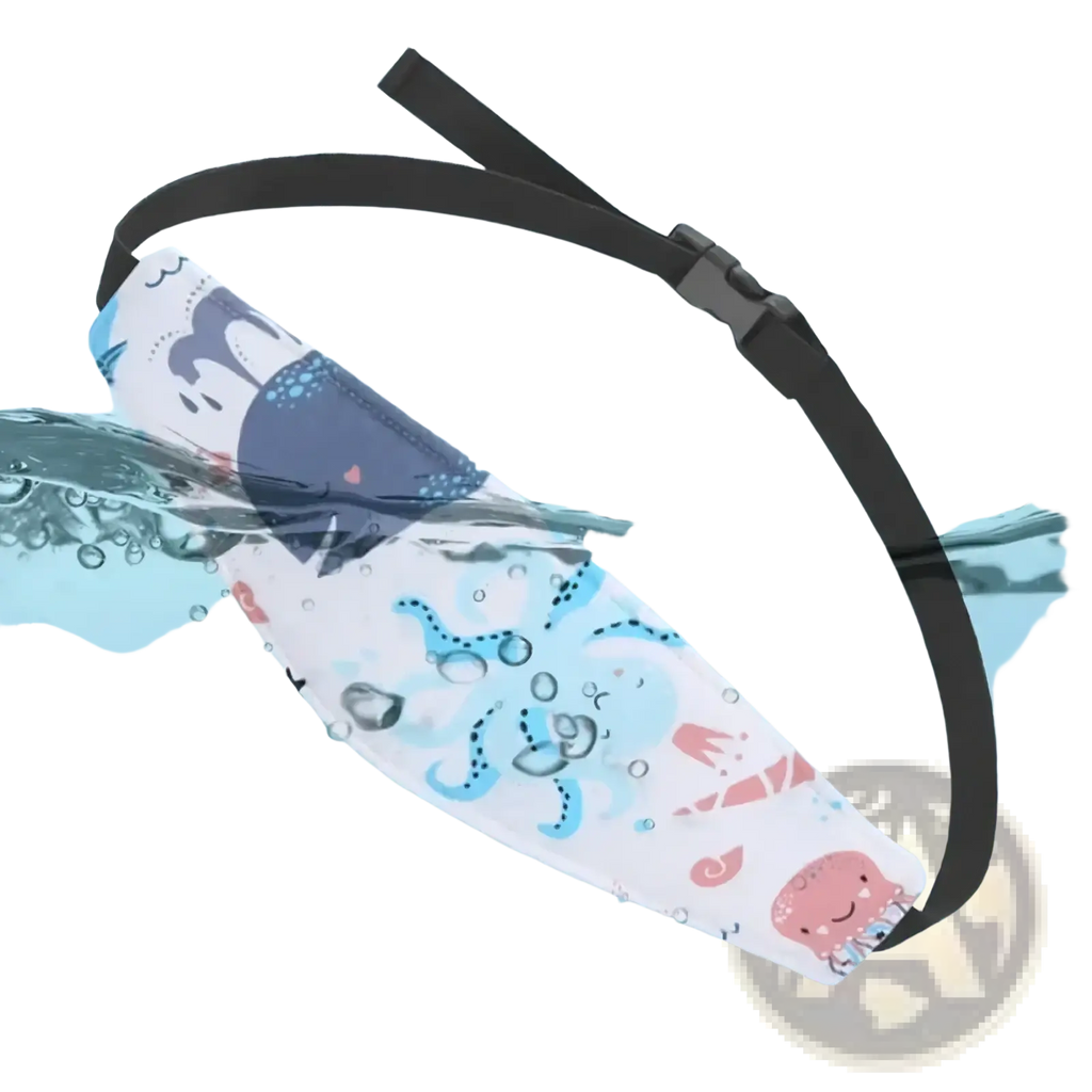 White waterproof phone pouch with playful ocean design and black adjustable strap for baby car seat head support strap
