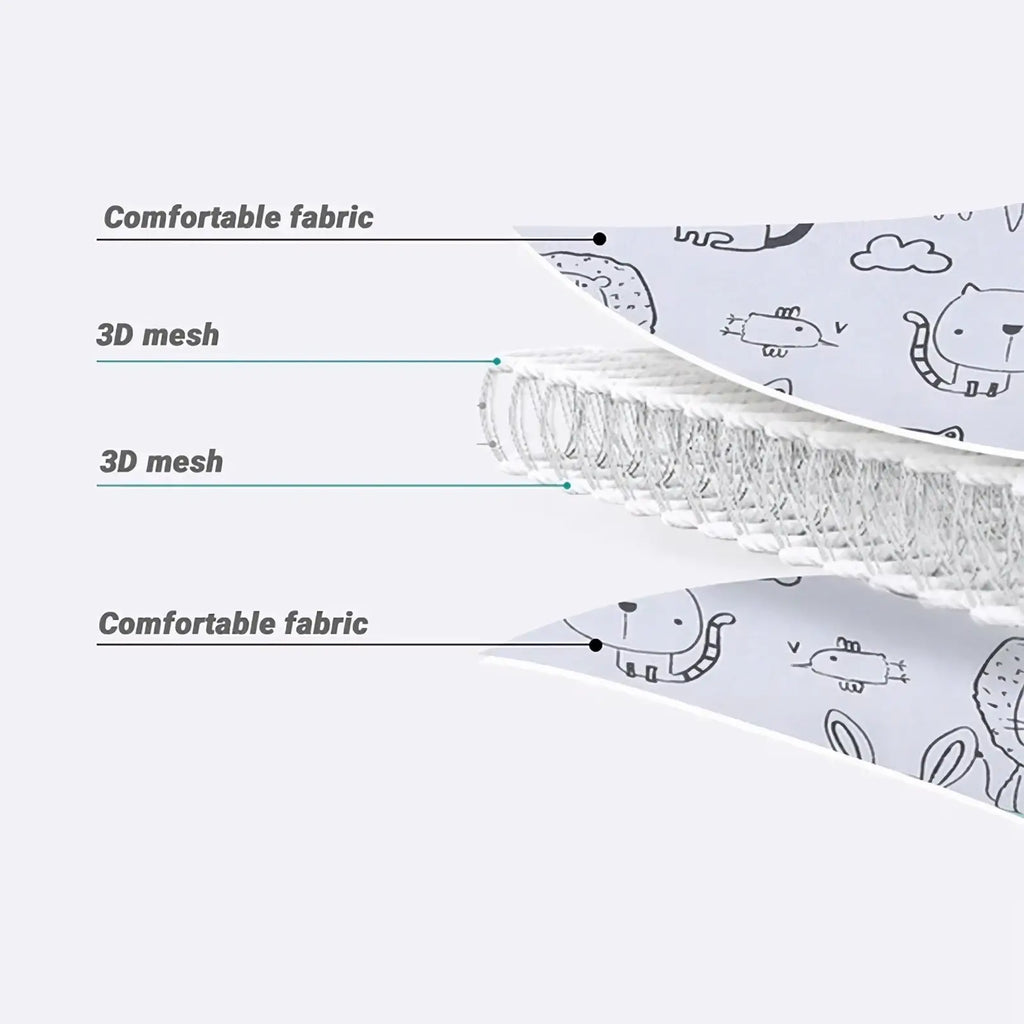 Baby car seat head support strap adjustable sleep positioner with white fabric black cartoon prints layered in 3d mesh