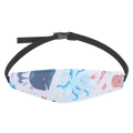 White fabric baby car seat head support strap adjustable sleep positioner with blue and pink ocean-themed print