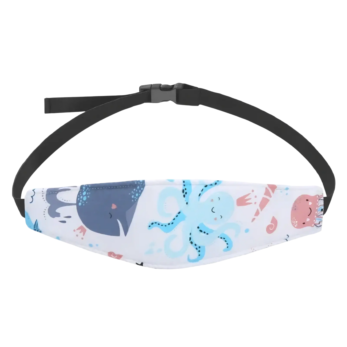 White fabric baby car seat head support strap adjustable sleep positioner with blue and pink ocean-themed print