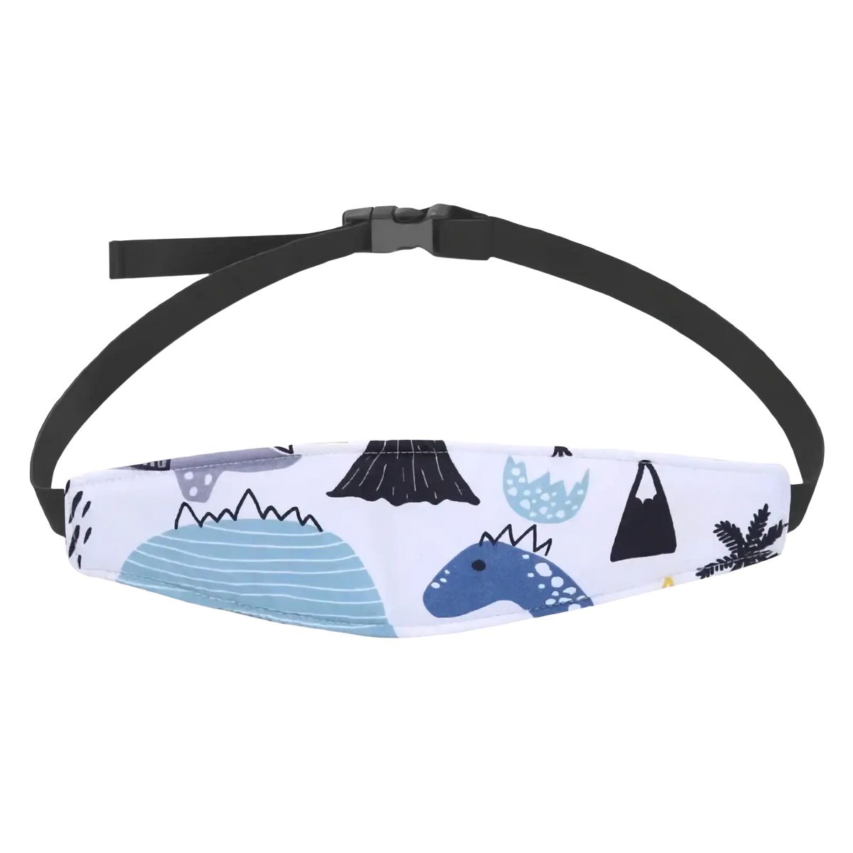 White fabric baby car seat head support strap with blue and black dinosaur illustrations and black adjustable strap